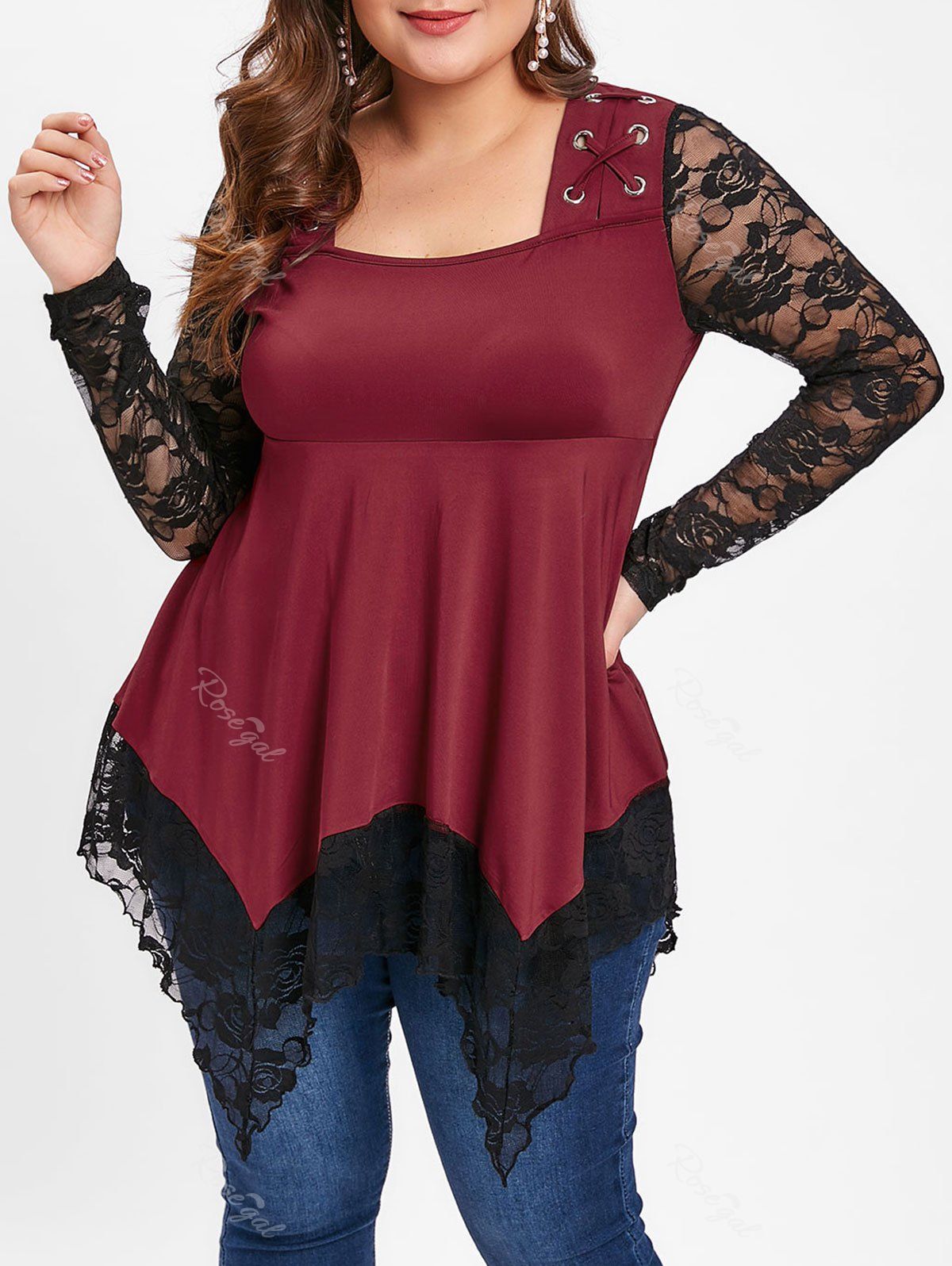 

Plus Size Lace Sleeve Handkerchief T-shirt, Red wine