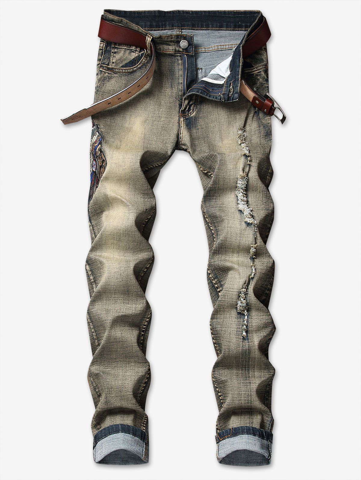 Sale Tribal Man Head Embroidery Ripped Vintage Jeans  