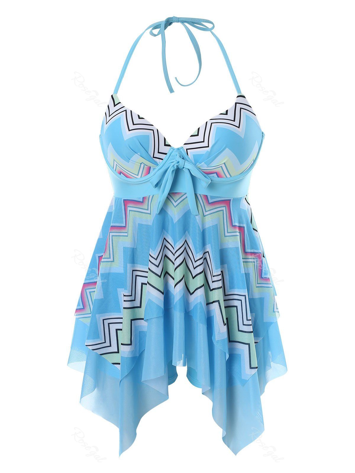 

Plus Size Halter Tiered Tankini Set, Deep sky blue