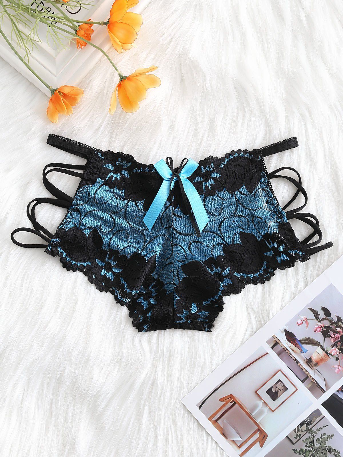 

Bowknot Criss Cross Lace Briefs, Silk blue