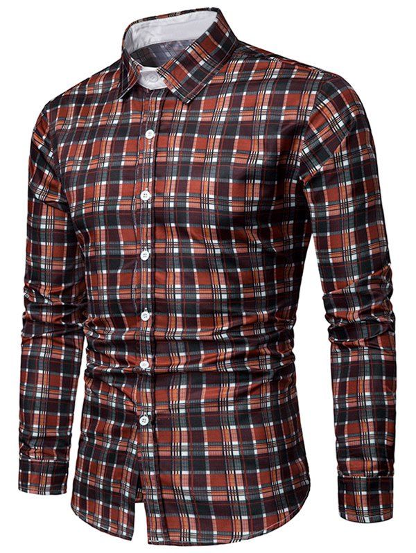 

Turn Down Collar Checkered Print Long Sleeves Shirt, Multi