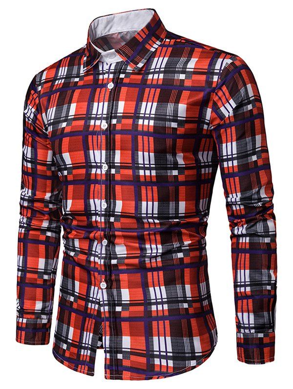 

Checkered Print Turn Down Collar Long Sleeves Shirt, Multi