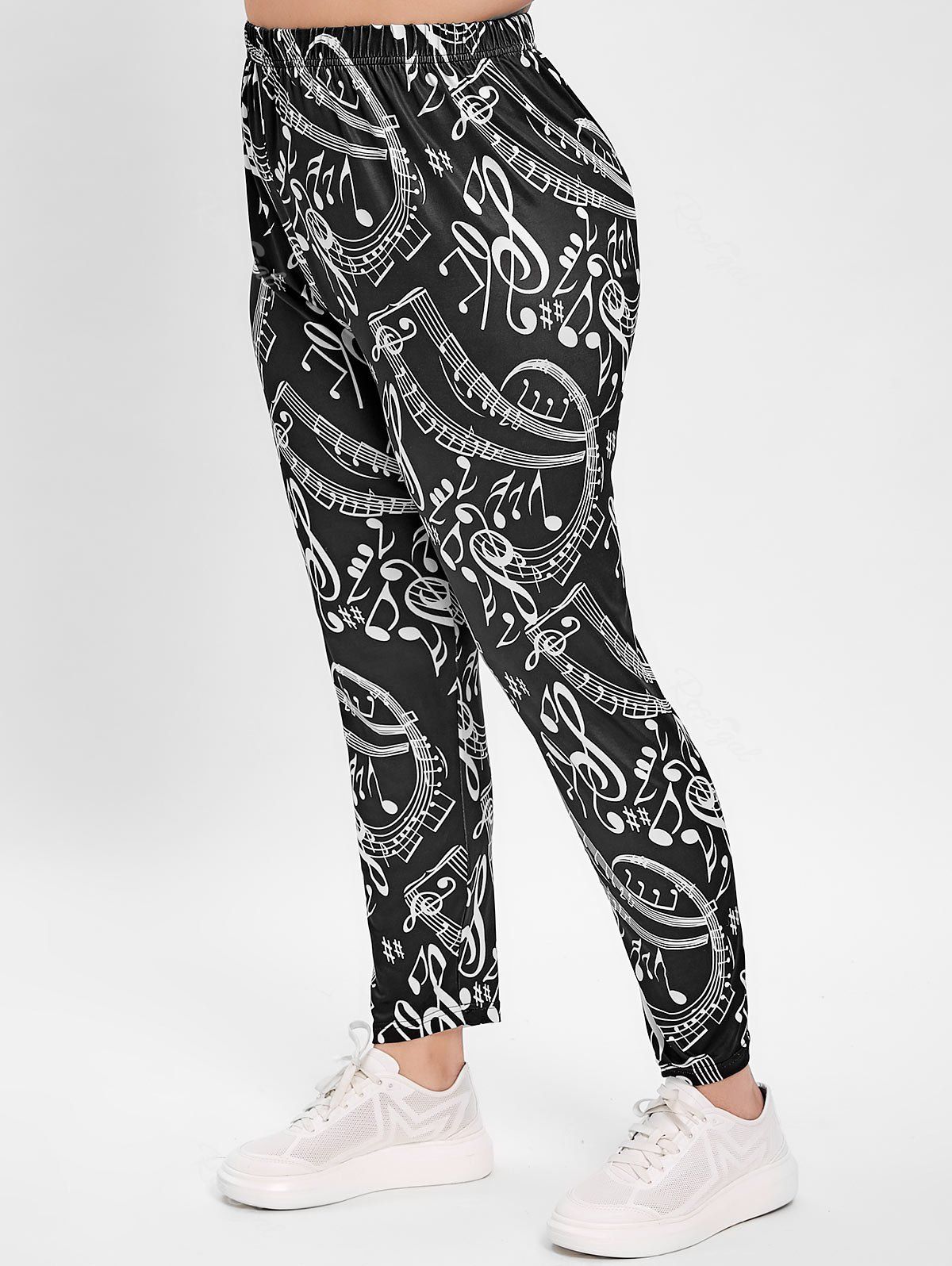

Plus Size Musical Notes Print Leggings, Black