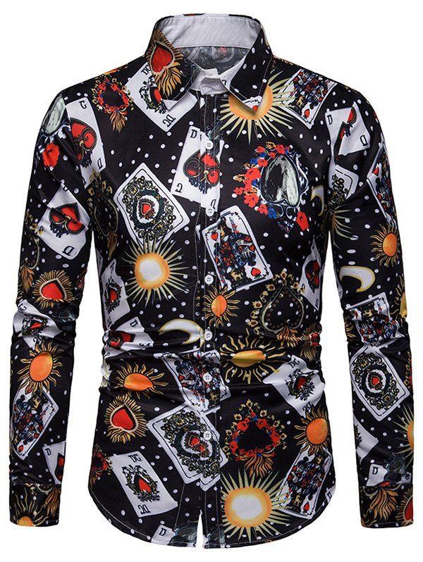 Playing Cards Sun Print Long Sleeves Shirt, Black
