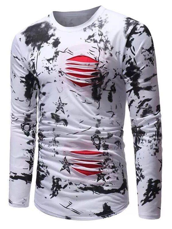 

Painting Printed Cut Out Patchwork Hem Curved T-shirt, White