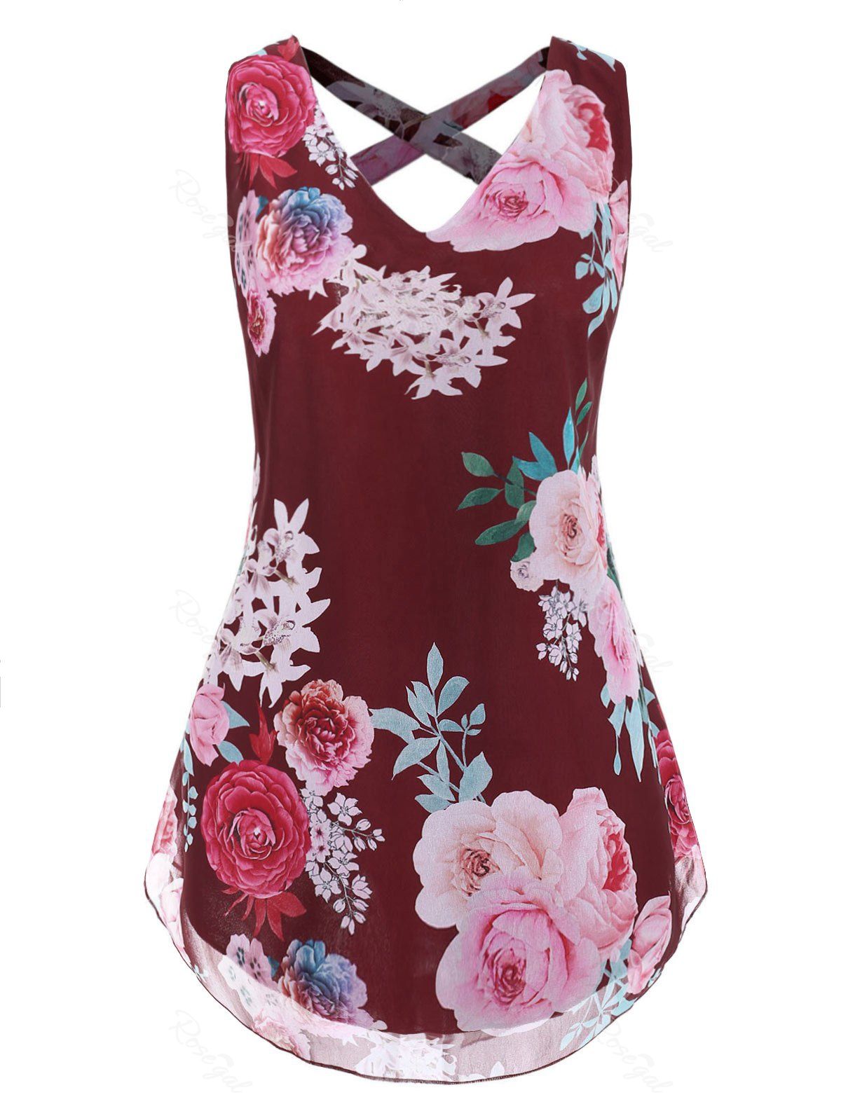 

Plus Size V Neck Floral Strappy Tank Top, Red