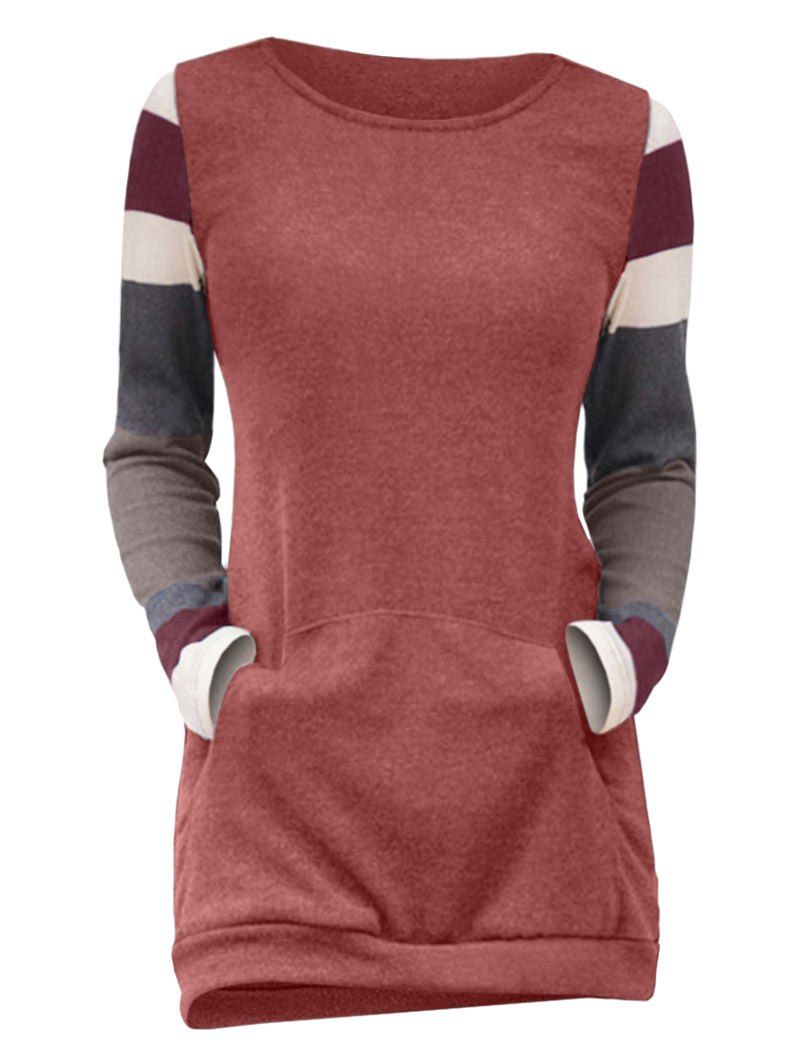 Striped Kangaroo Pocket Long Sleeve Top, Chestnut red