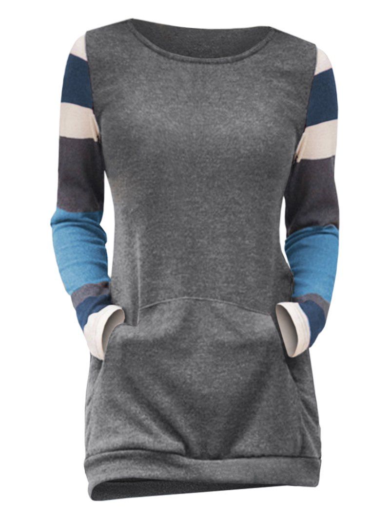 Striped Kangaroo Pocket Long Sleeve Top, Carbon gray