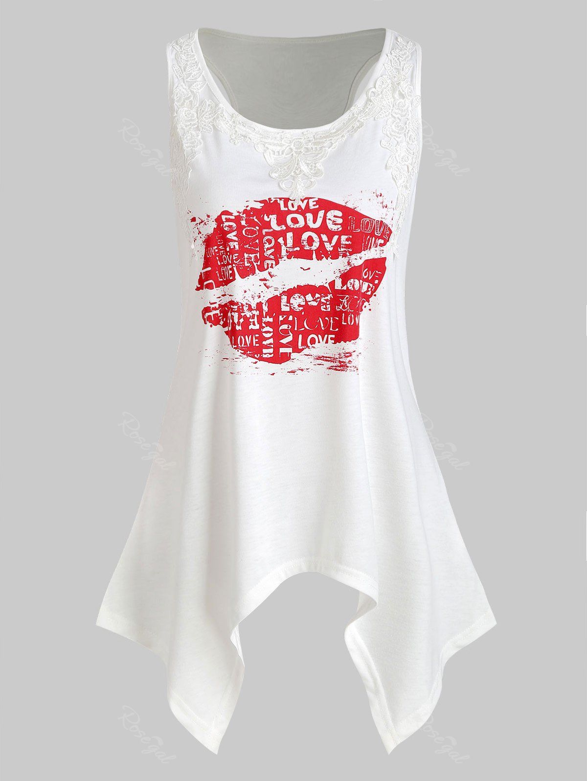 

Plus Size Lip Graphic Lace Panel Tank Top, White