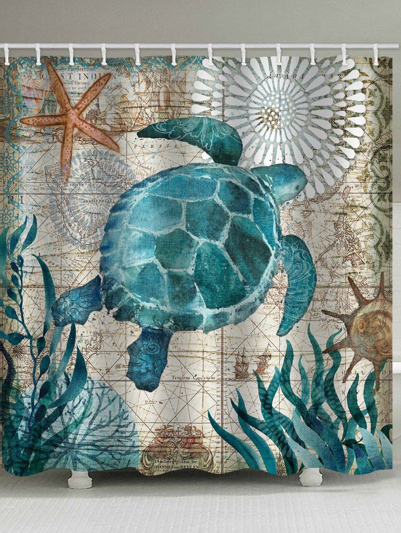 

Nautical Turtle Print Waterproof Bathroom Shower Curtain, Sea turtle green