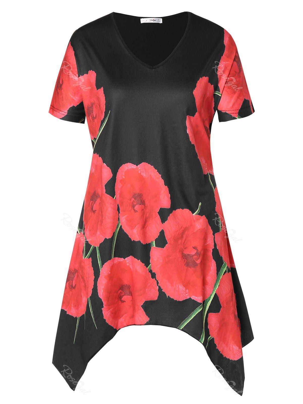 

Floral Print Asymmetrical Plus Size T-shirt, Black