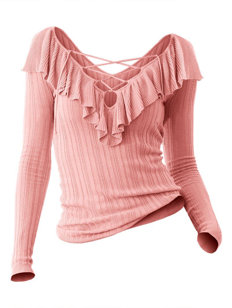 

Lace Up Ruffle Knit Sweater, Rose