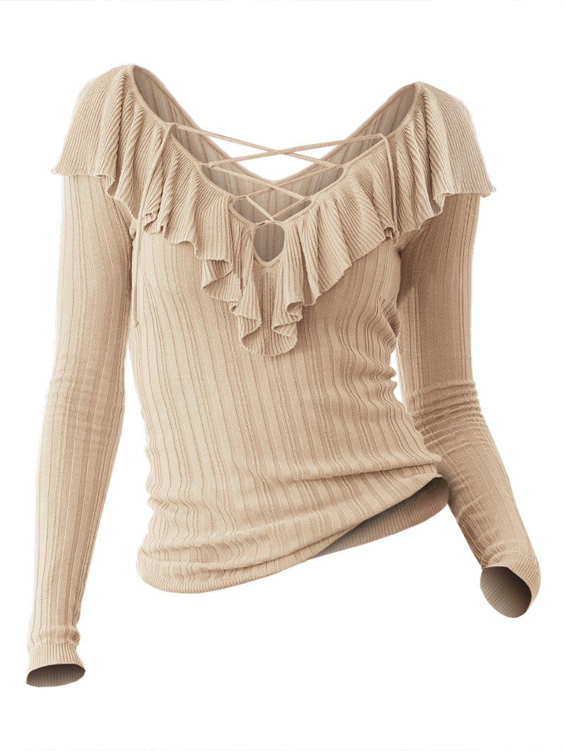 

Lace Up Ruffle Knit Sweater, Light khaki