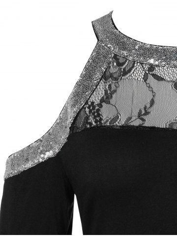 

Plus Size Sequined Cold Shoulder T Shirt, Black