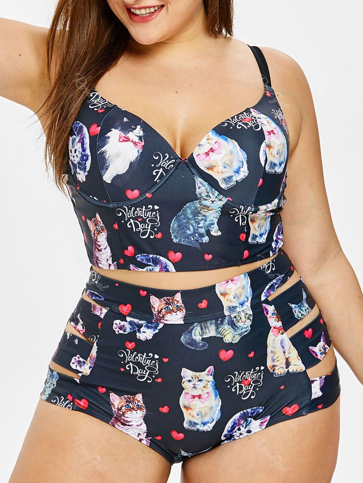 

Cat Print Plus Size Valentine Bikini Set, Dark slate blue