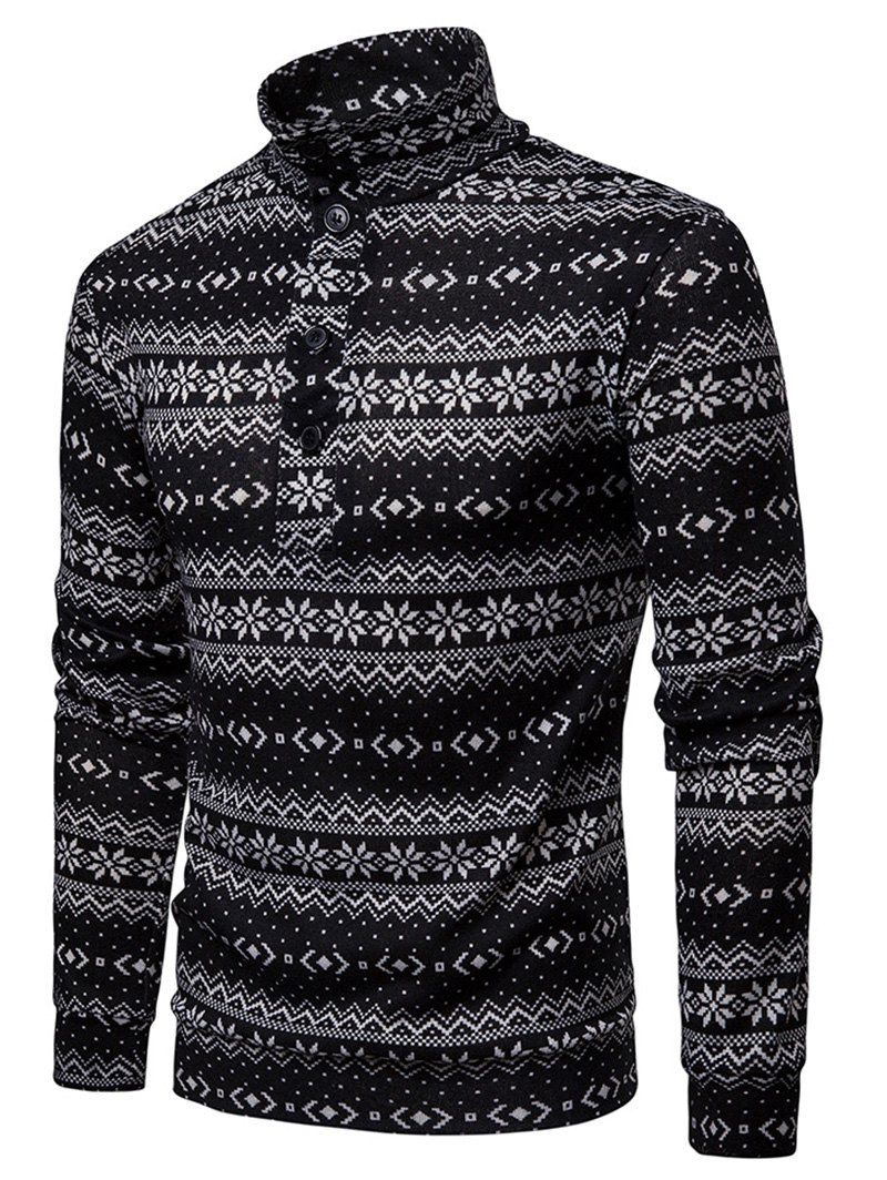 Store Top Button Geometric Snowflake Print Pullover Thin Sweater  
