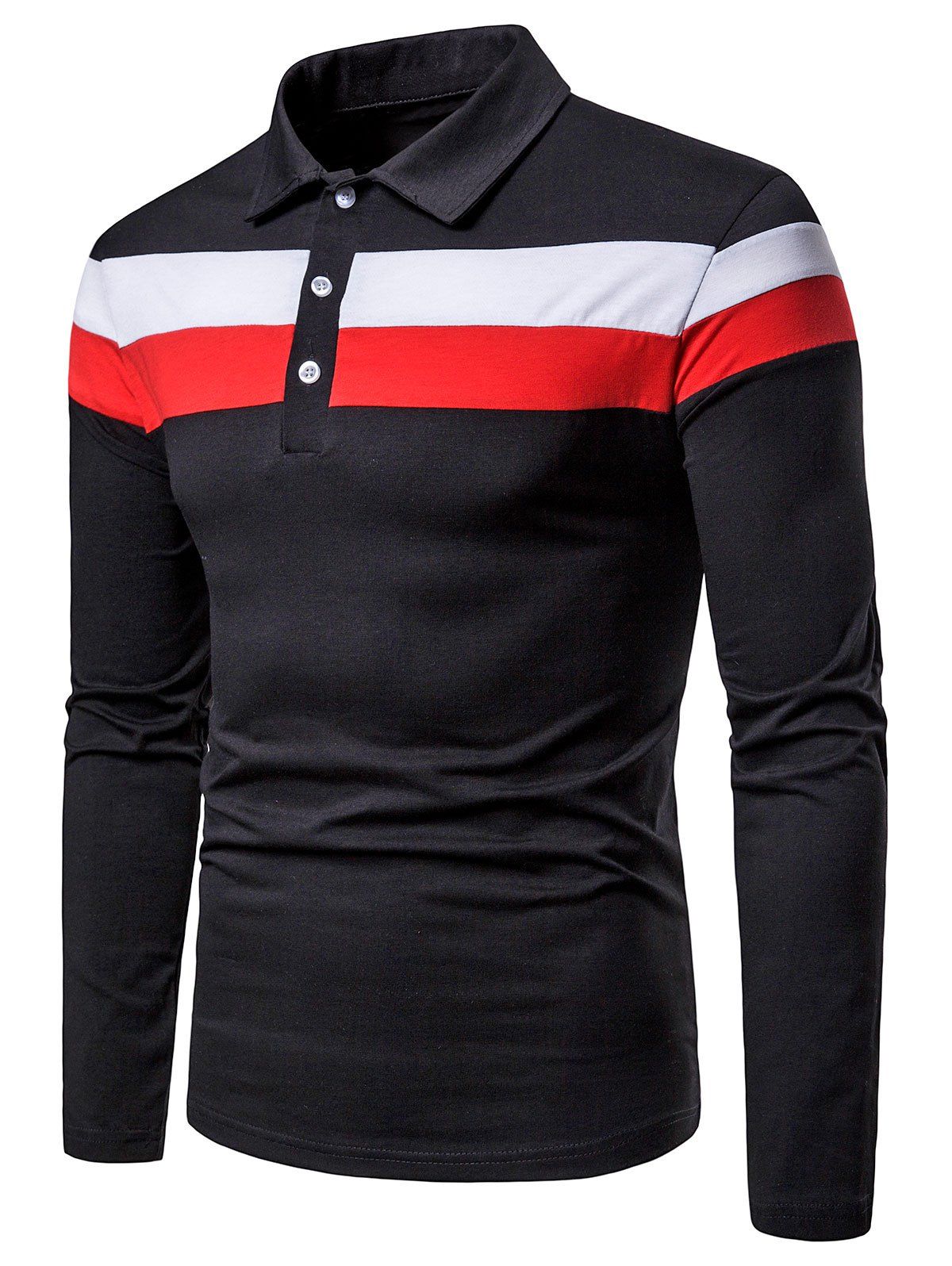 

Contrast Striped Top Button Long Sleeve Shirt, Black