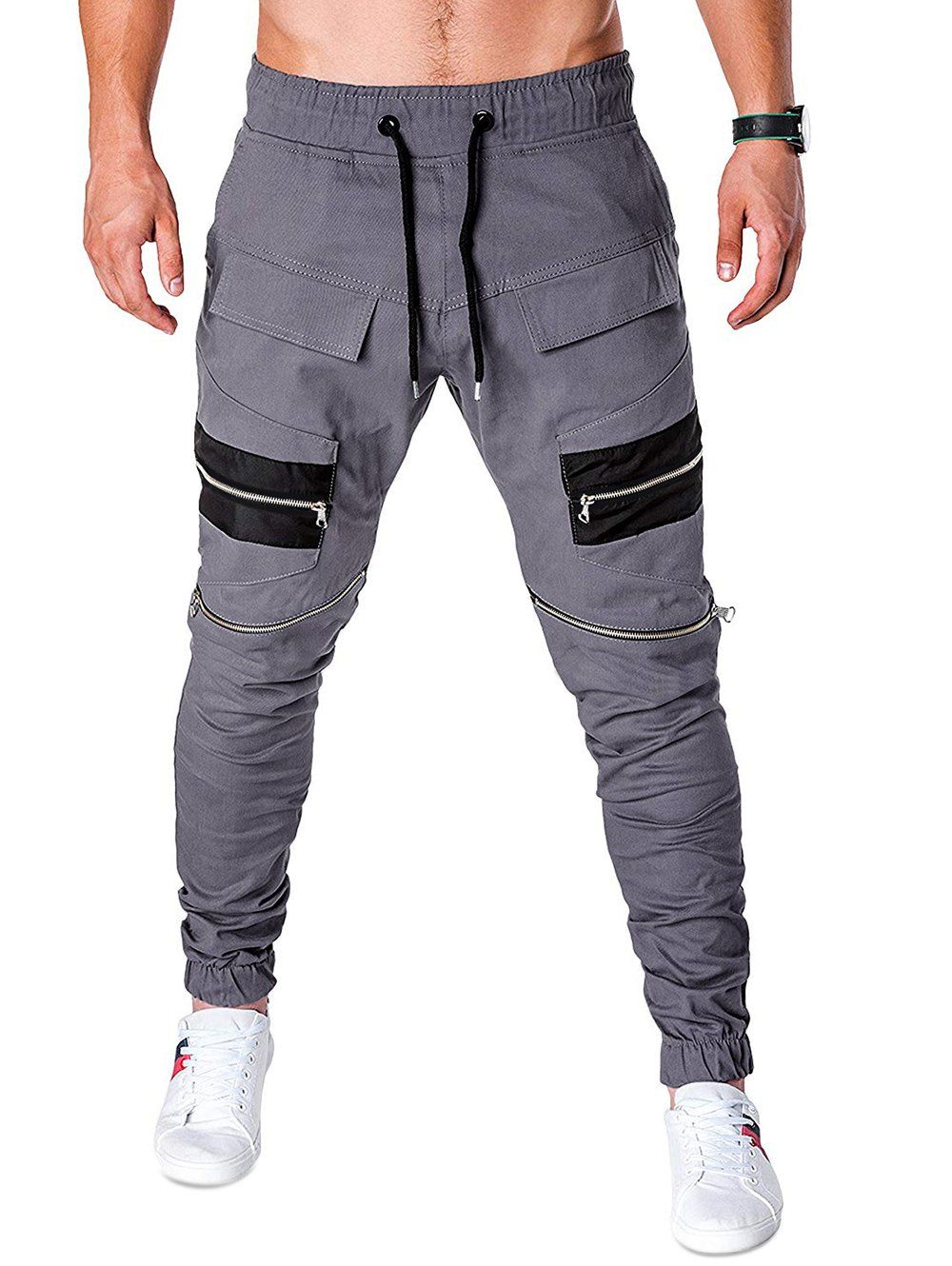 

Zippers Patchworks Drawstring Jogger Pants, Gray