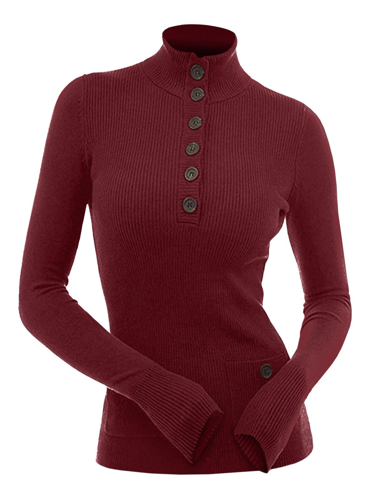 

Half Button Mock Neck Pullover Knitwear, Red wine