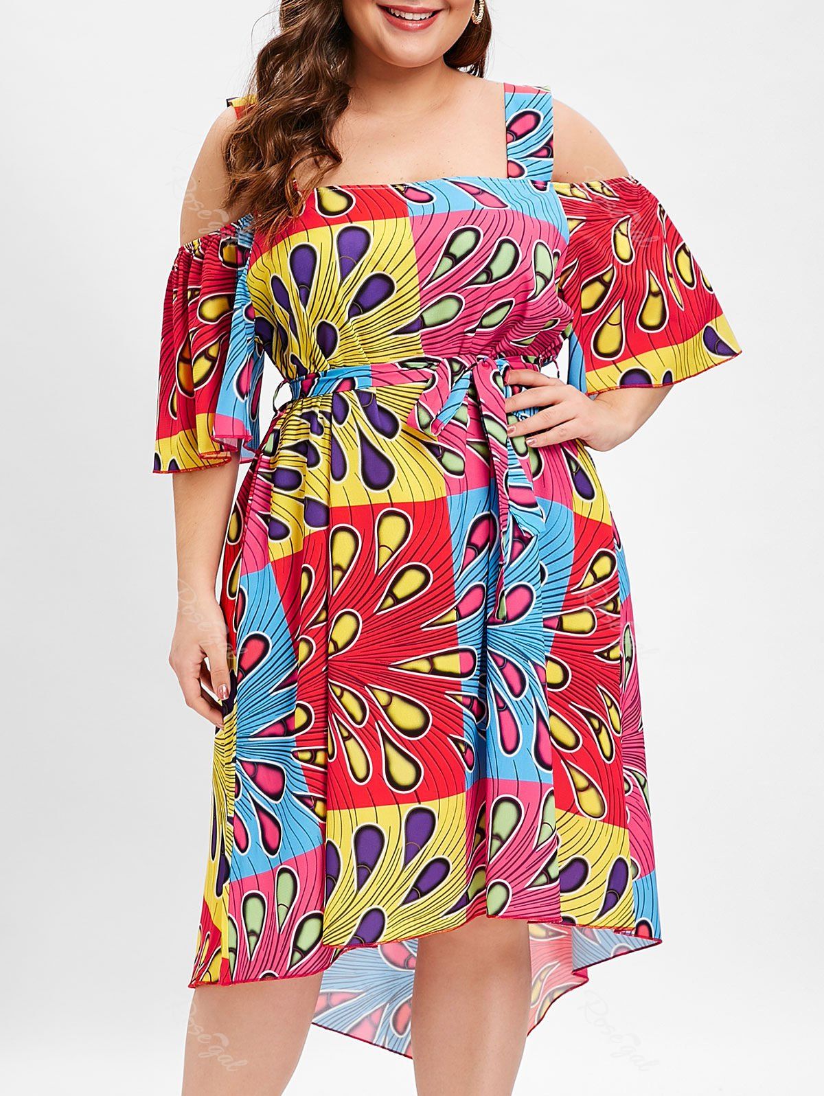 

Square Neck Plus Size Color Block Printed Dress, Multi