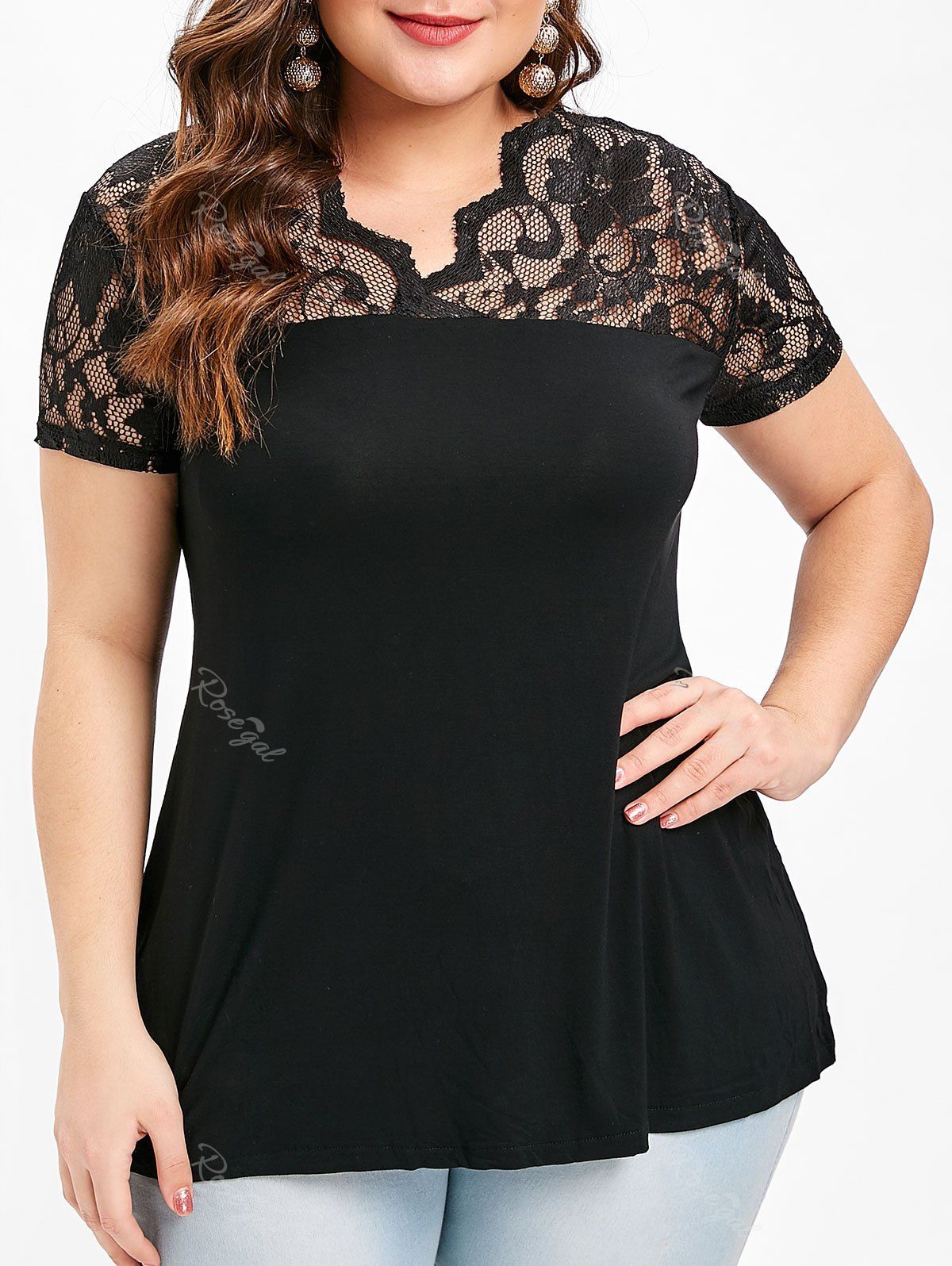 

Plus Size V Neck Lace Panel T-shirt, Black