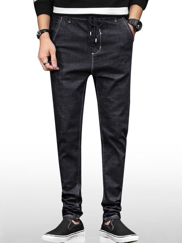 

Drawstring Zip Fly Pocket Denim Jeans, Black