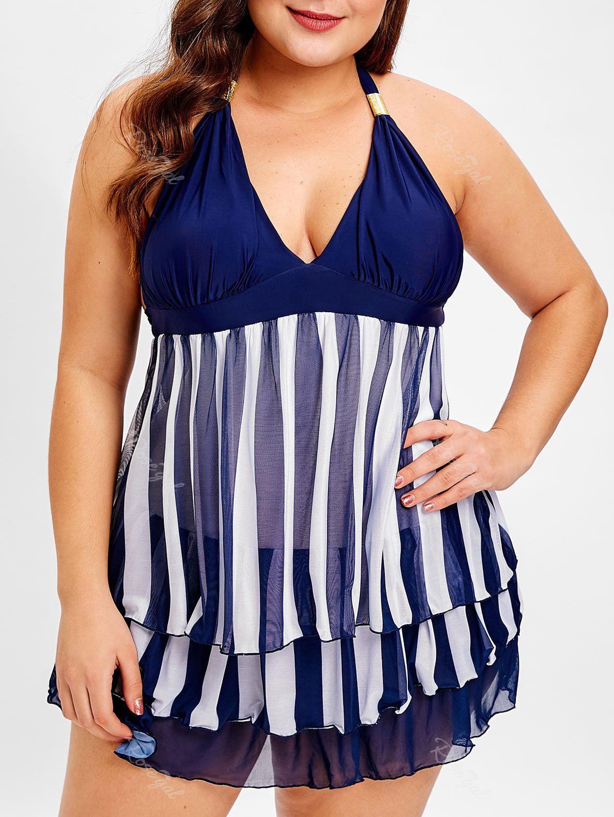 

Stripe Panel Plus Size Halter Neck Tankini Set, Lapis blue