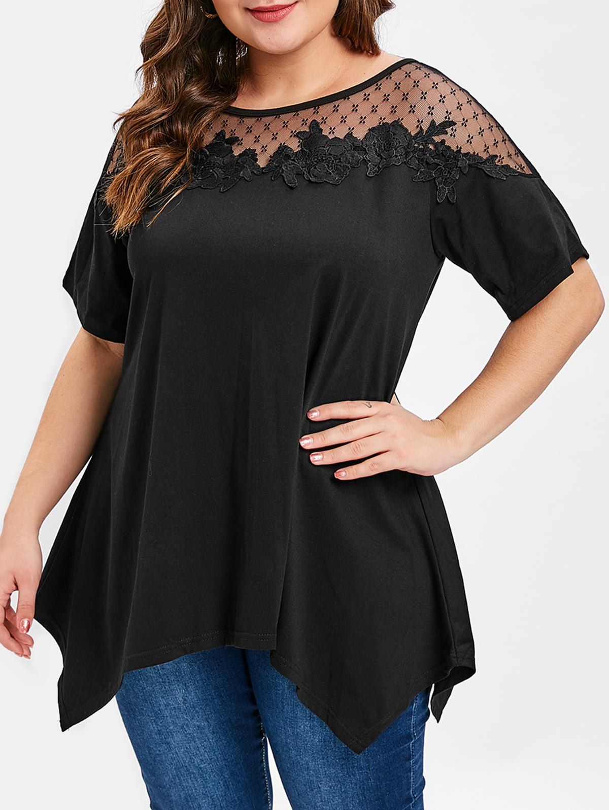 

Mesh Panel Lace Applique Plus Size T-shirt, Black