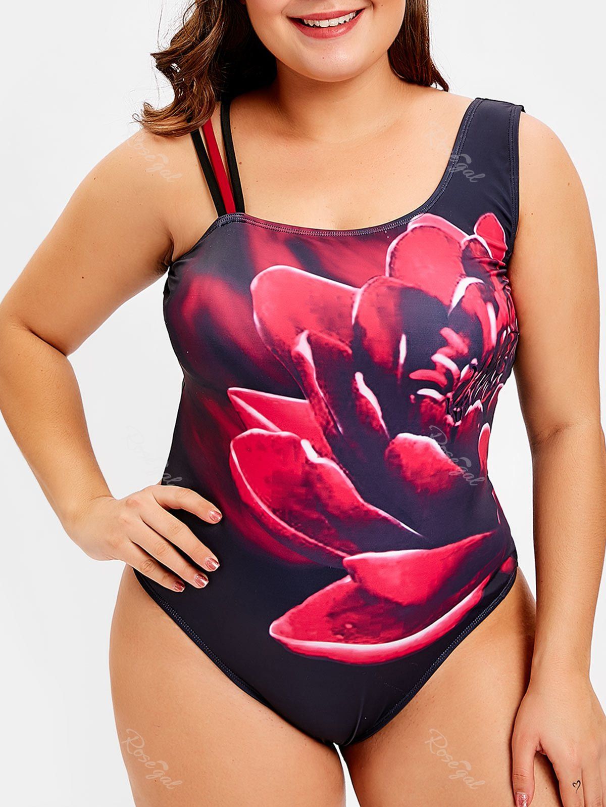 Plus Size Floral Pattern Strappy Swimsuit, Deep pink