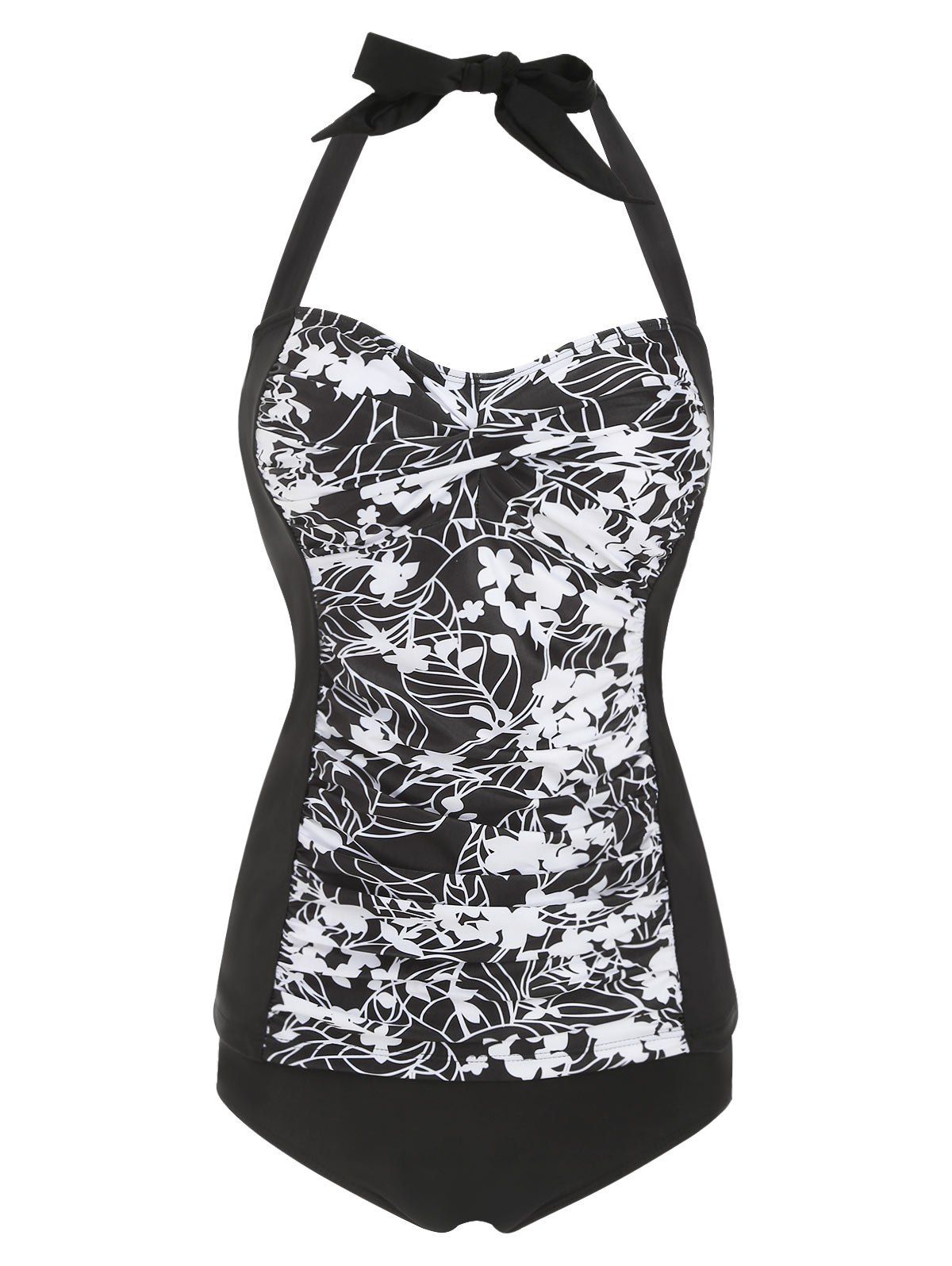 

Floral Print Halter Tankini Set, Black