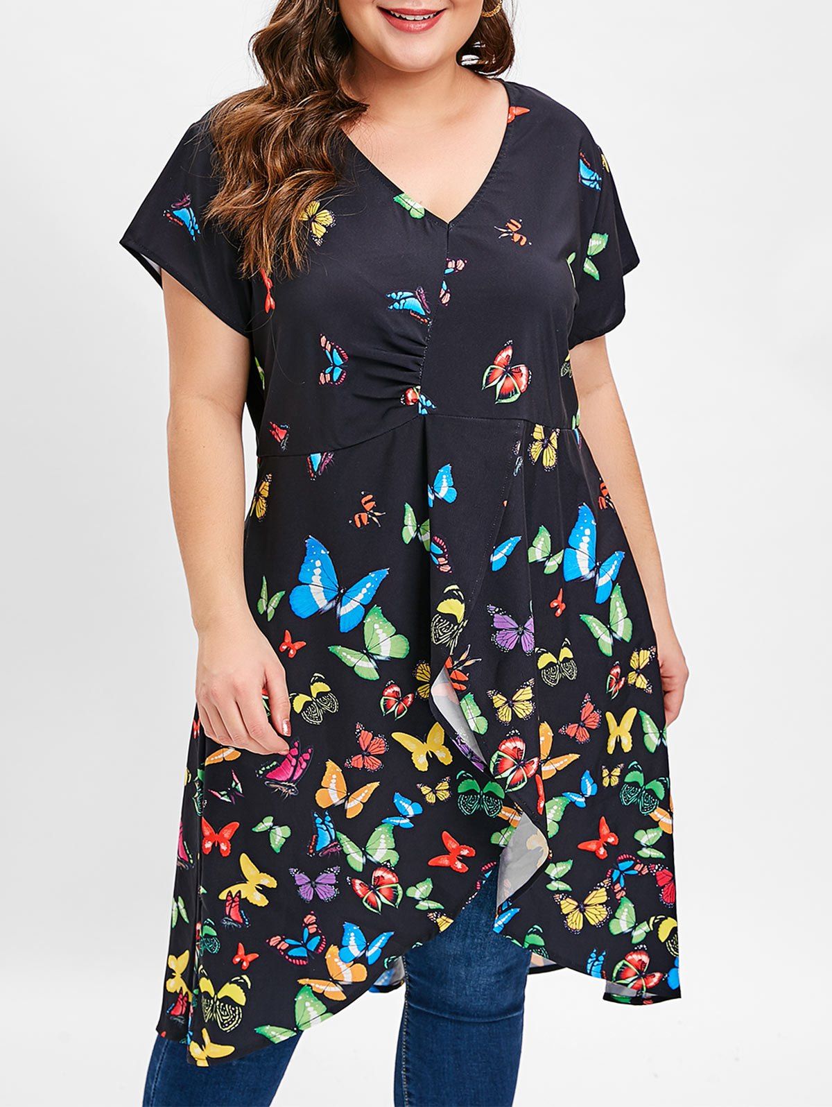 

High Low Plus Size Butterfly Print Long Top, Black