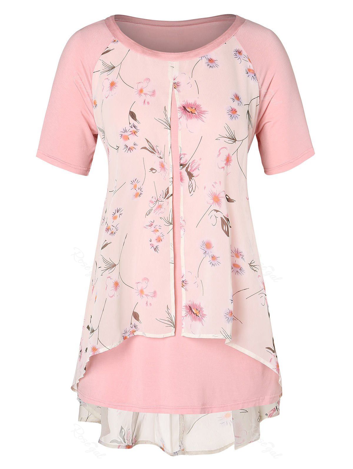 

Plus Size Floral Overlay Asymmetrical T-shirt, Flamingo pink