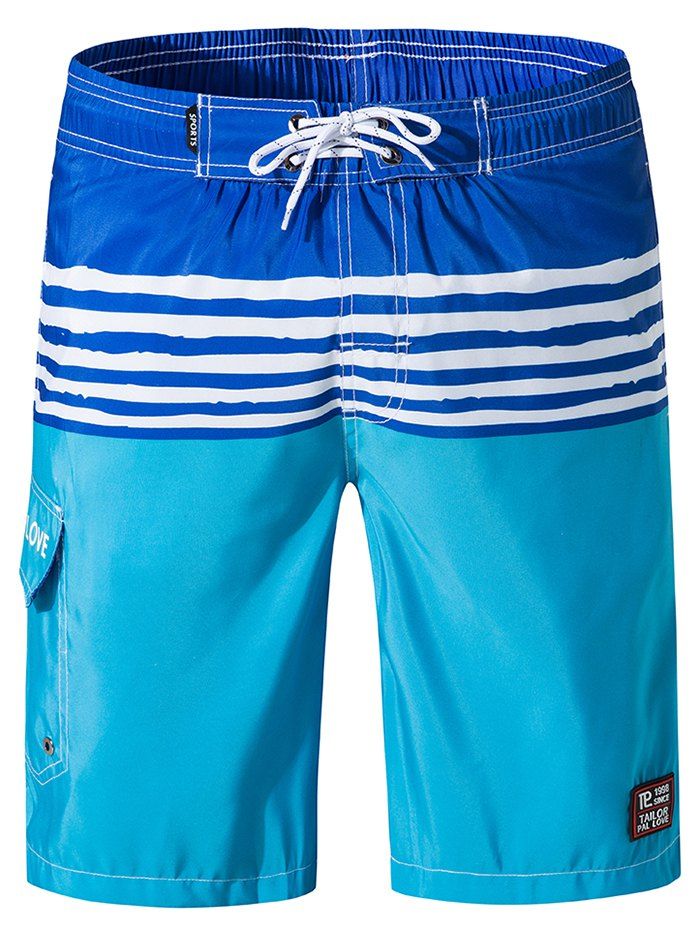 

Applique Striped Elastic Drawstring Beach Shorts, Deep sky blue