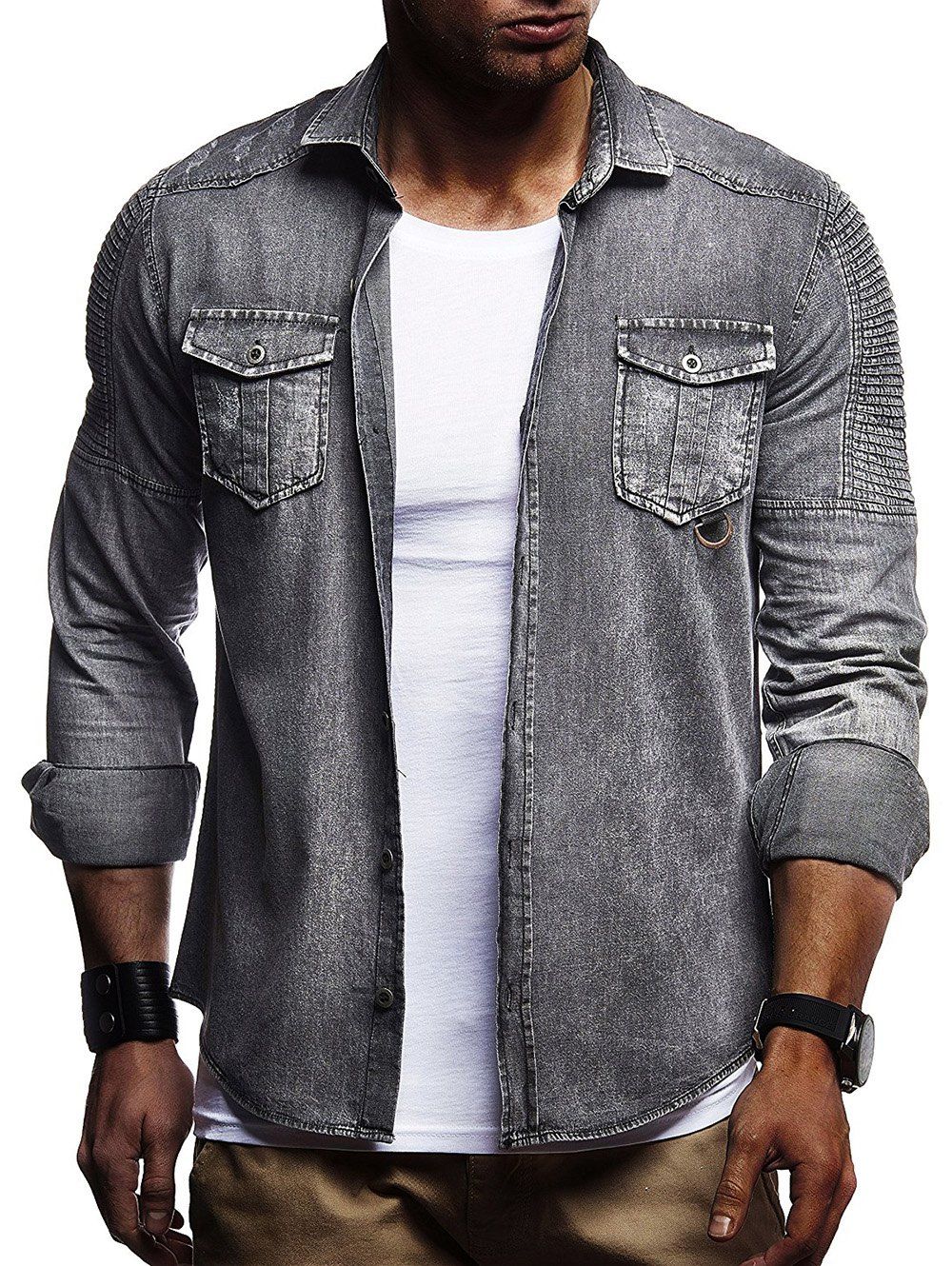 

Layered Long Sleeves Button Up Jean Shirt, Gray