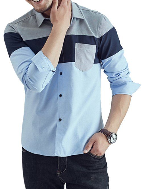 Fancy Color Block Chest Pocket Long Sleeve Shirt  