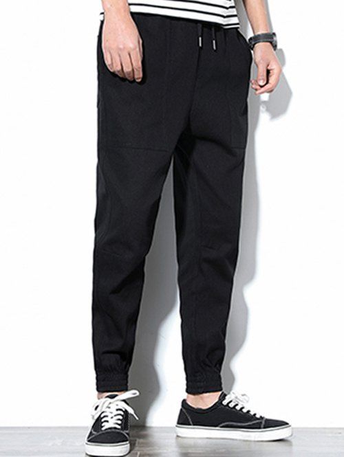 

Patch Pockets Drawstring Joggers Pants, Black