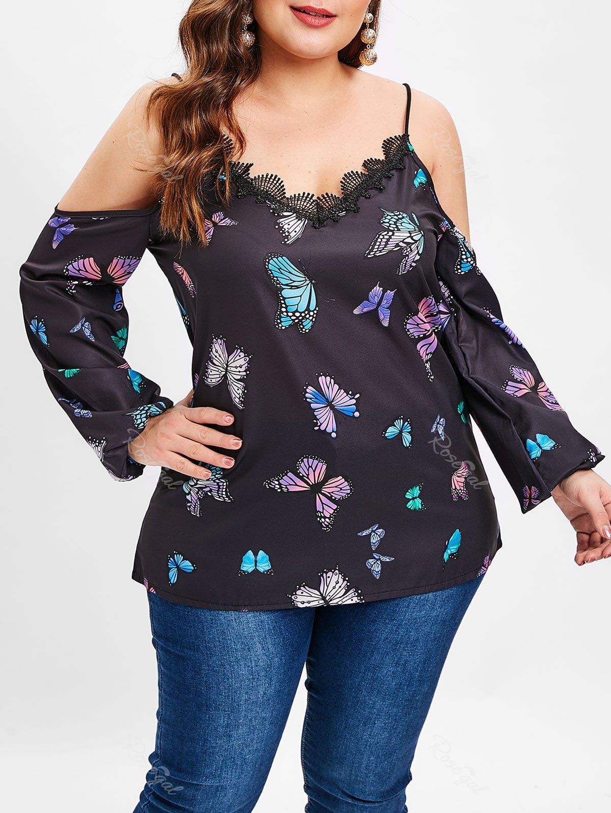 

Lace Panel Plus Size Butterfly Print Blouse, Black