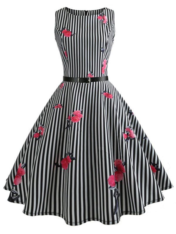 

Floral Striped Print Sleeveless A Line Dress, Multi