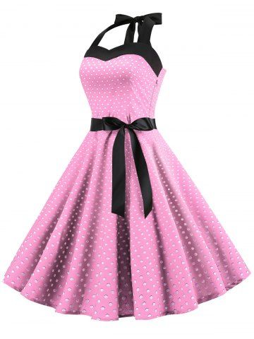 

Lace Up Polka Dot Flare Dress, Pink