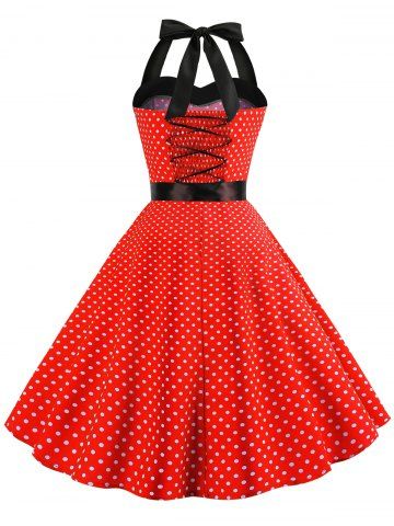 

Lace Up Polka Dot Flare Dress, Red