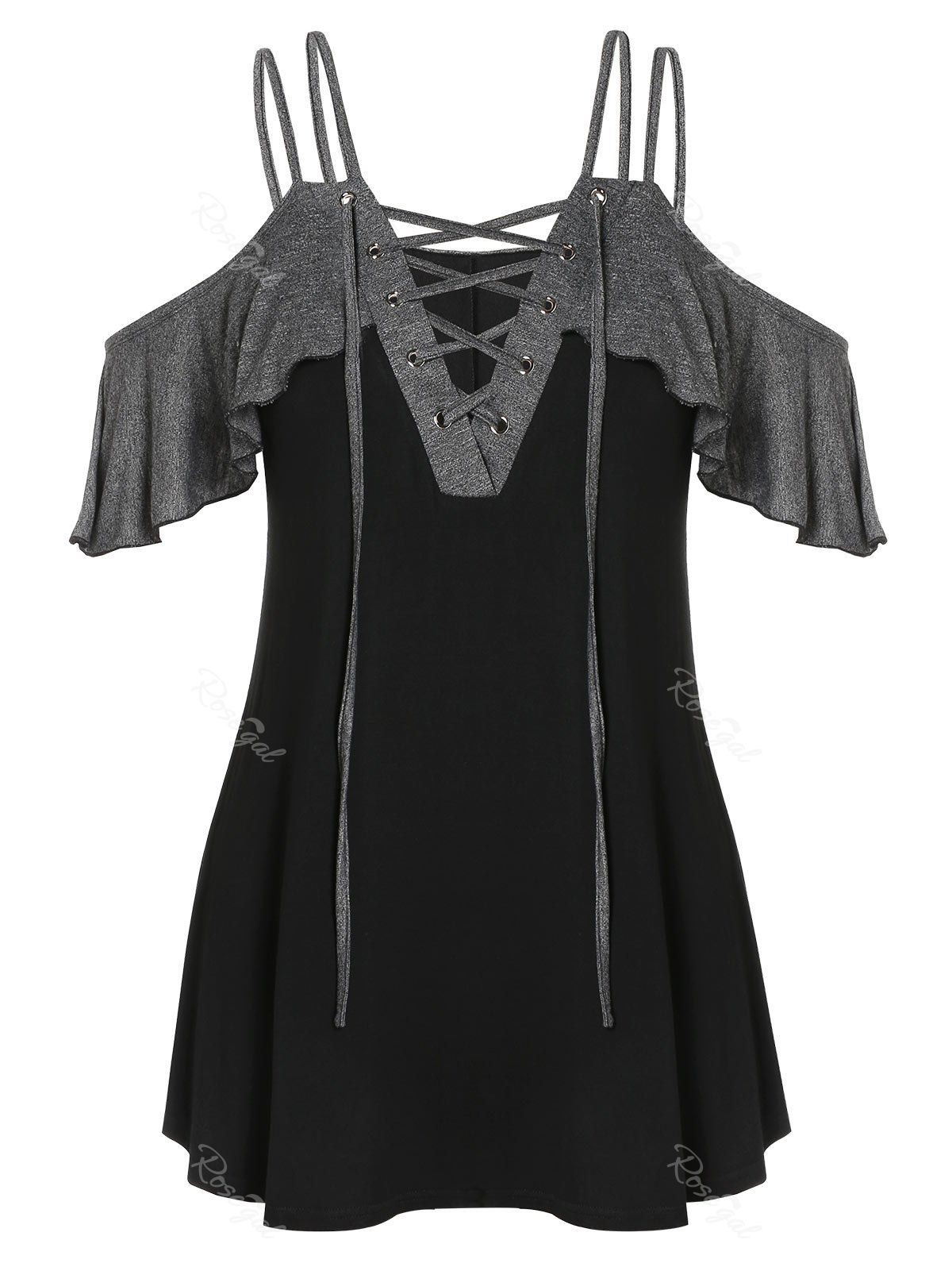 

Ruffle Trim Lace Up Plus Size T-shirt, Black