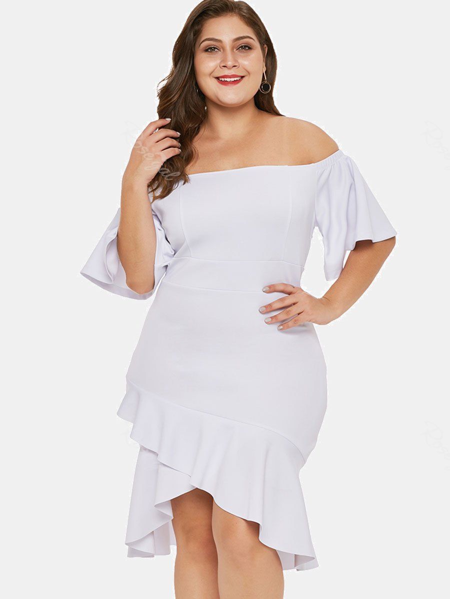 2019 OFF The Shoulder Plus Size Ruffle Hem Dress