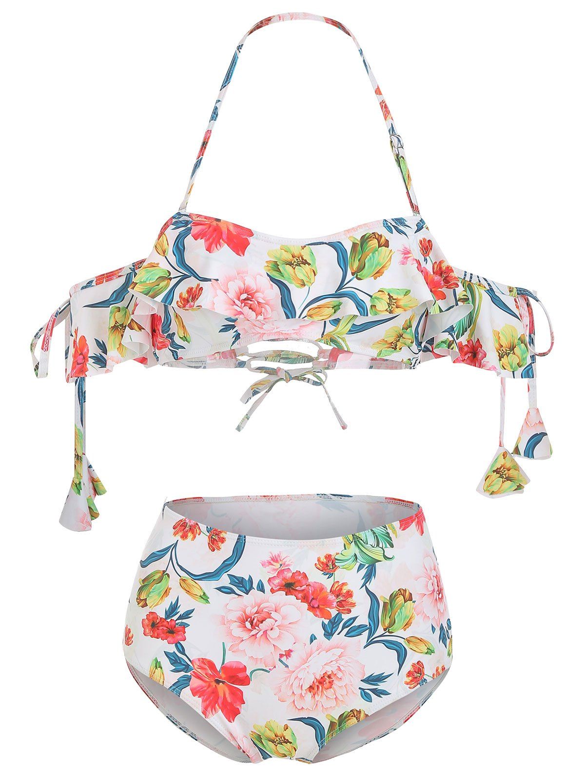 

Off The Shoulder Floral Ruffled Bikini Set, Multi