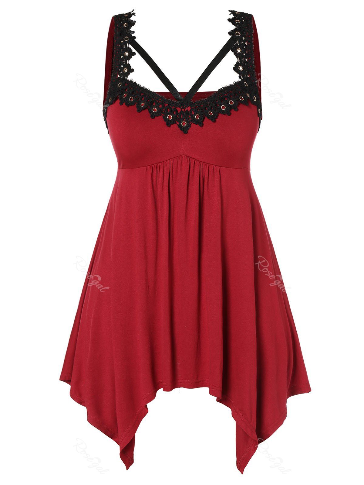 

Grommet Plus Size Lace Panel Asymmetrical Tank Top, Red wine