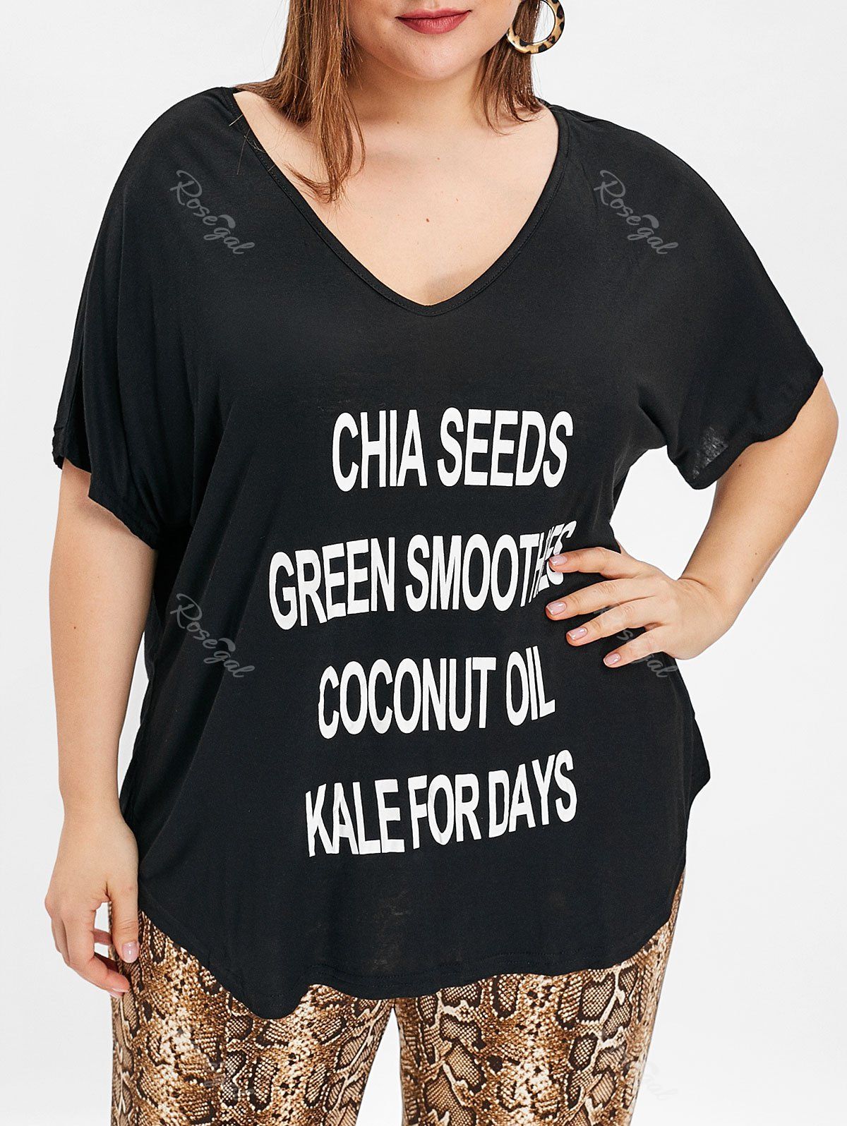

Letter Print V Neck Plus Size Tee, Black