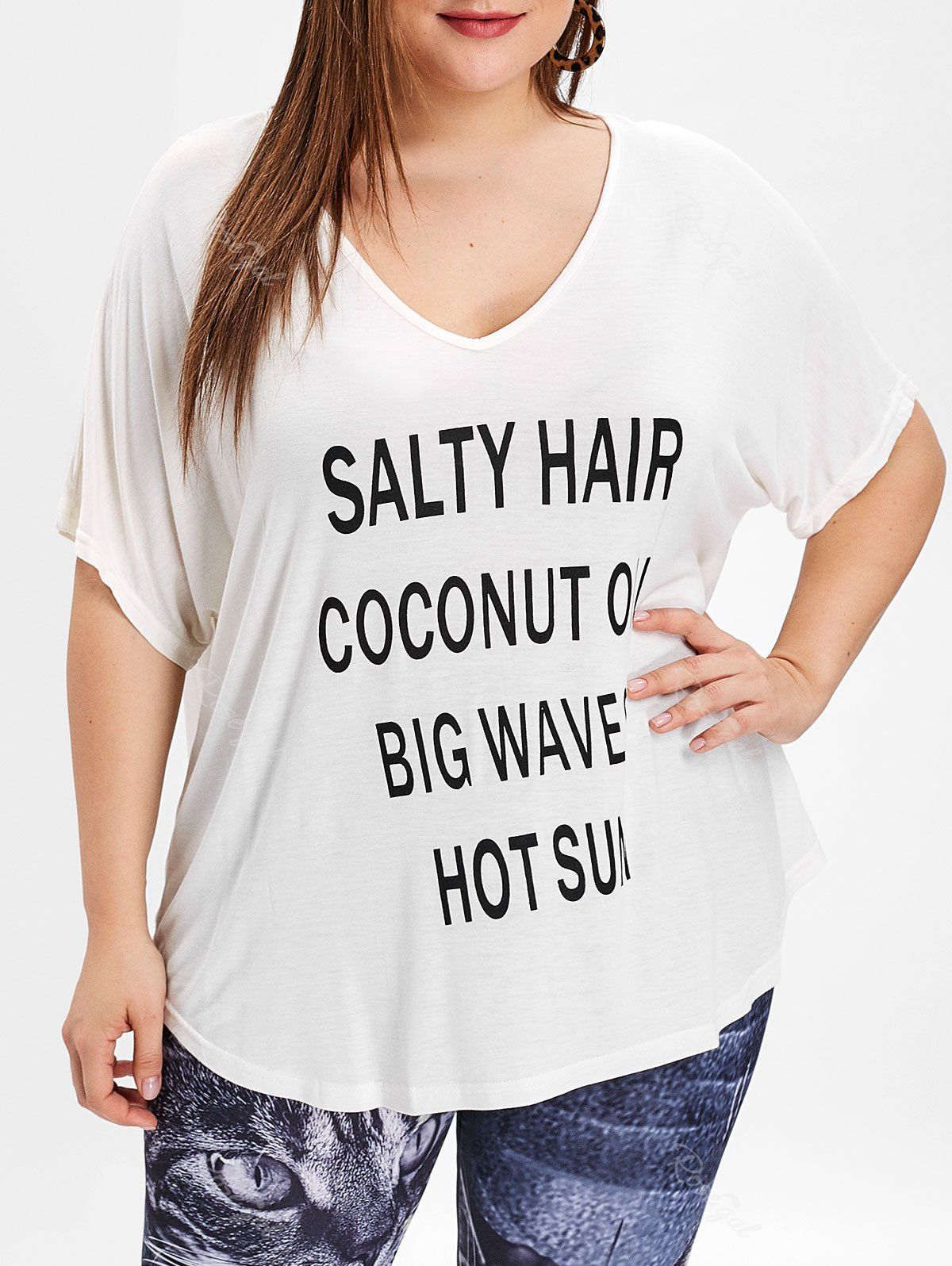 

Letter Print V Neck Plus Size Tee, White