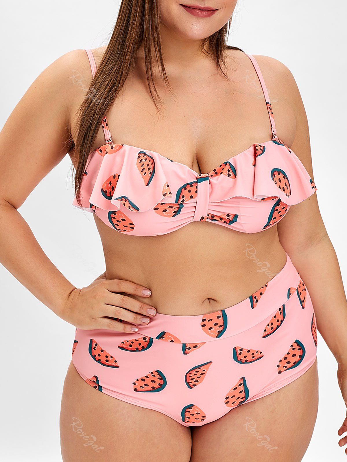 

Watermelon Print Plus Size Flounce Bikini Set, Light pink