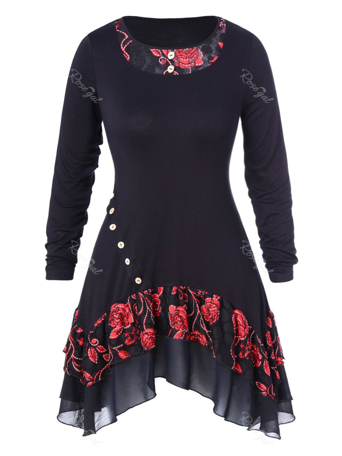 

Plus Size Floral Multilayer Mesh Hem T-shirt, Black