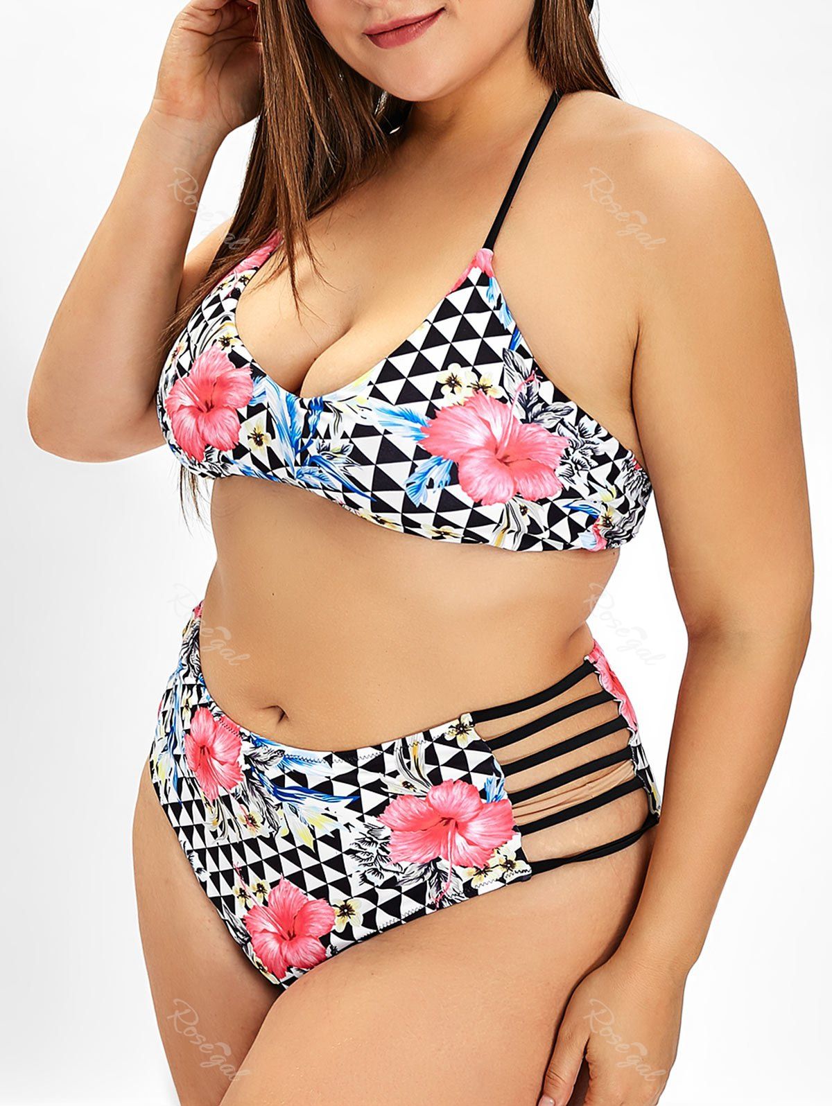 

Geometric Plus Size Floral Bikini Set, Multi-a