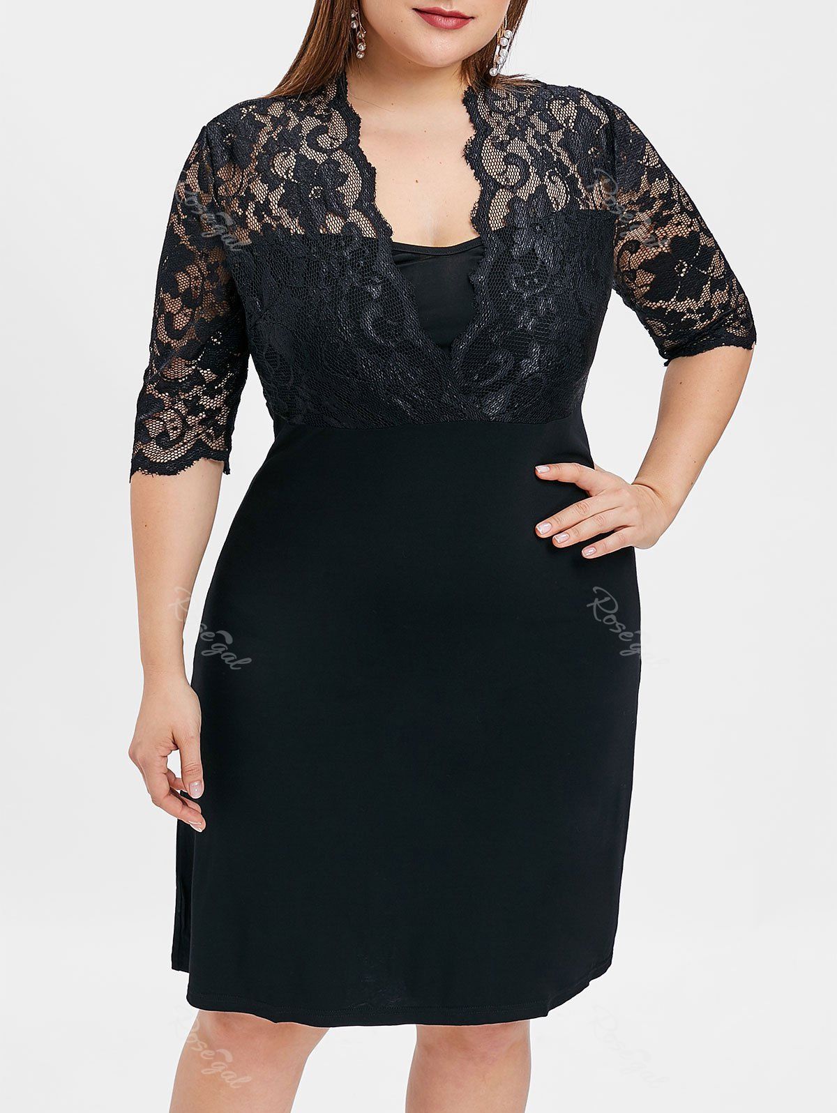 

Lace Panel Plus Size Plunge Bodycon Dress, Black